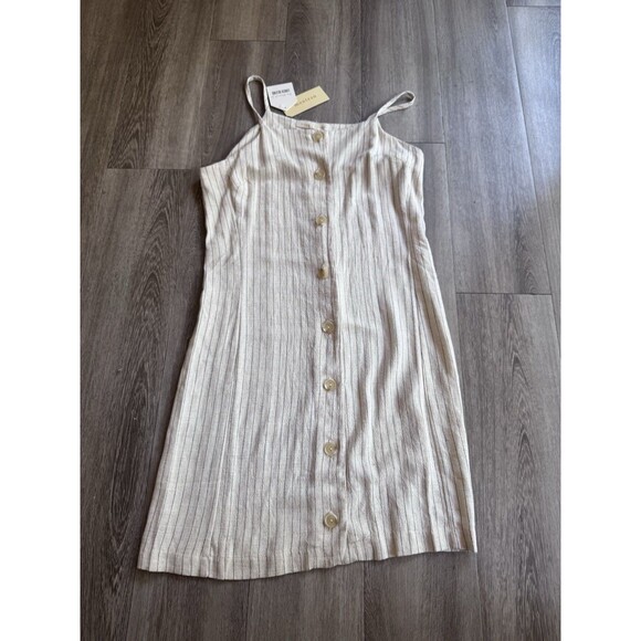 NWT Monteau Mini Dress Small Cream Pinstripe Button Linen Blend Preppy Cottage - Picture 1 of 9